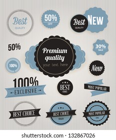Vector illustration. Collection of Premium Quality and Guarantee Labels. Collection of Labels and vector element with retro vintage styled design. Set of retro ribbons and labels.