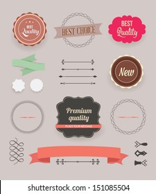 Vector illustration. Collection of Premium Quality and Guarantee Labels. Collection of Labels and vector element with retro vintage styled design. Set of retro ribbons and labels.