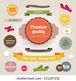 Vector illustration. Collection of Premium Quality and Guarantee Labels. Collection of Labels and vector element with retro vintage styled design. Set of retro ribbons and labels.