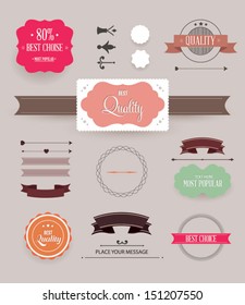 Ilustración vectorial. Colección de las etiquetas de calidad y garantía de Premium. Colección de etiquetas y elemento de Vector con diseño de estilo retro vintage. Conjunto de cintas y etiquetas retro.