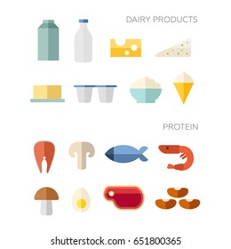 Vector illustration. Collection protein and dairy products. Set foot objects. Icons in the style flat design. White background isolated. Fish, meat, milk, cheese, egg, mushrooms 