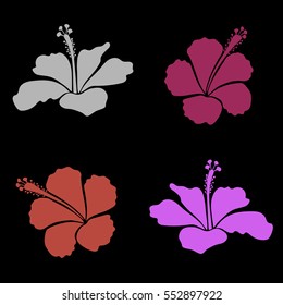 Vector illustration. Vector collection of purple, pink and violet hibiscus flowers. Set with purple, pink and violet flowers.
