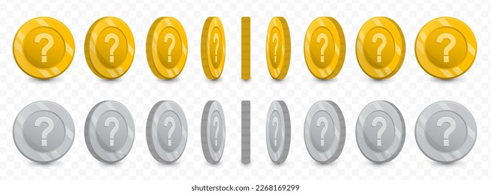 Vector illustration of a collection of Question mark currency coins in gold colors and grayscale isolated on transparent background (PNG).