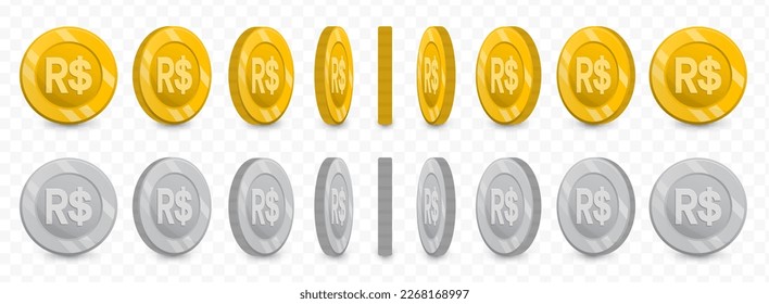 Vector illustration of a collection of Real Brazil currency coins in gold colors and grayscale isolated on transparent background (PNG).