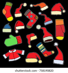 Vector illustration of collection of red caps, socks and gloves Isolated on white