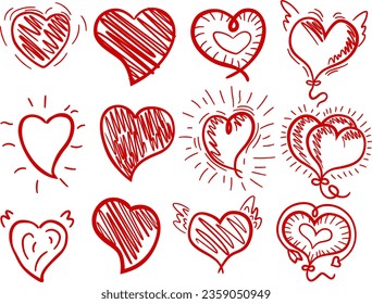 ilustración vectorial colección corazón rojo. Establece la mano roja del corazón vectorial dibujada. elemento vector de la mano roja del corazón dibujado. por el Día de San Valentín
