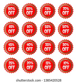 Vector illustration of a collection of red tags with inscriptions on sales. % off. Vector illustration.