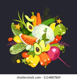 Vector illustration of a collection of ripe vegetables herbs and fruits chopped slices on a black background isolated set