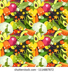 Vector illustration of a collection of ripe vegetables herbs and fruits seamless pattern, wallpaper, repetition
