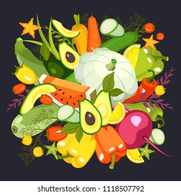 Vector illustration of a collection of ripe vegetables herbs and fruits chopped slices on a black background isolated set