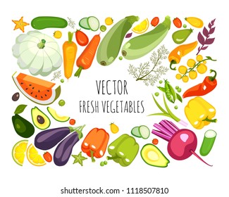 Vector illustration of a collection of ripe vegetables herbs and fruits chopped slices on a white background isolated set, menu, description of products, empty space