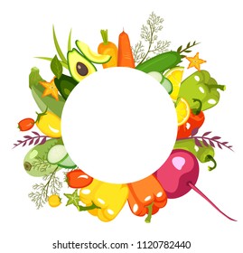 Vector illustration of a collection of ripe vegetables herbs and fruits chopped slices on a white background isolated set, menu, description of products, empty space
