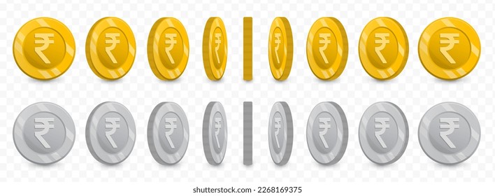 Ilustración vectorial de una colección de monedas de Rupia en oro y escala de grises aislada en fondo transparente (PNG).