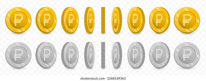 Ilustración vectorial de una colección de monedas rusas de rublos en oro y escala de grises aisladas en fondo transparente (PNG).