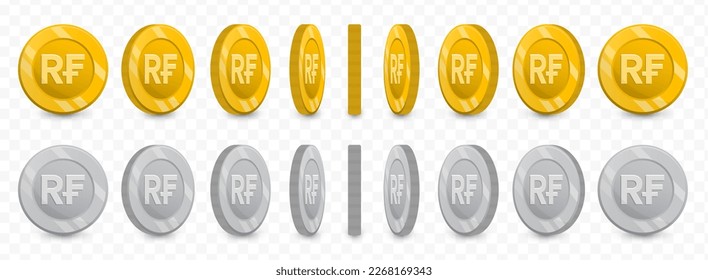 Vector illustration of a collection of Rwandan Franc currency coins in gold colors and grayscale isolated on transparent background (PNG).