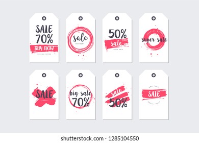 Vector illustration collection of sale discount styled brush strokes banners. Red and dark grey colors. Stickers set