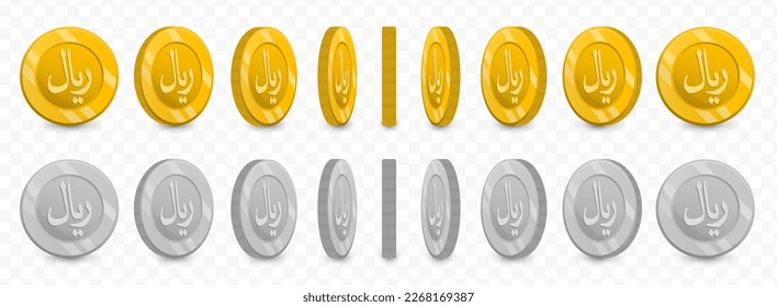 Vector illustration of a collection of Saudi riyals currency coins in gold colors and grayscale isolated on transparent background (PNG).