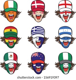 Vector illustration of collection of screaming faces with flags on caps. Easy-edit layered vector EPS10 file scalable to any size without quality loss. High resolution raster JPG file is included. 