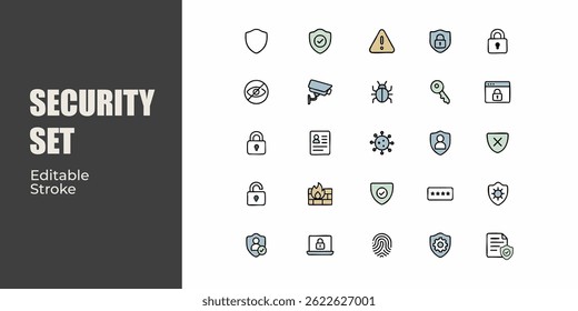 Ilustración vectorial Colección de los iconos de línea relacionados con la seguridad con varias poses. Trazos editables.	