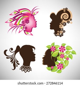 Vector illustration collection set of abstract Beautiful woman silhouette in profile with colorful floral hair, Indian woman with tail and necklace