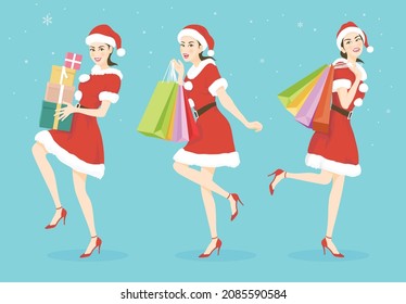 Vector illustration collection set with A beautiful woman in Santa Claus costume holding shopping bags or gift boxes of the Merry Christmas and Happy New Year.