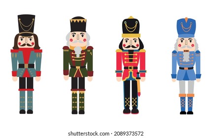 Vector illustration collection set christmas nutcracker toy soldier traditional figurine isolated on white background