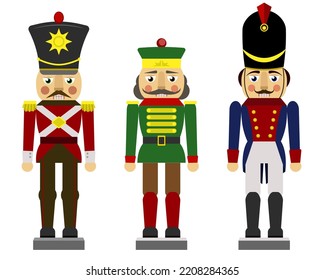 Vector illustration collection set christmas nutcracker toy soldier traditional figurine isolated on white background