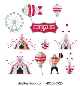 vector illustration collection of a set of circus tent balloon airship plane, carousel horses, weightlifter circus flat icon