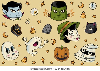 Vector illustration collection set of halloween october spooky characters retro vintage sticker cartoon style of vampire monster skull ghost coffin gravestone witch candy corn black cat pumpkin mummy