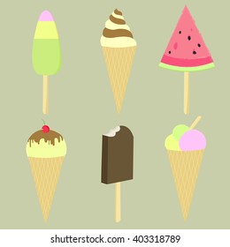 Vector illustration, collection set of ice creams isolated on grey background