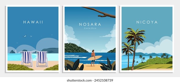 Vector illustration. Collection, set of posters for the wall, banners, postcards, covers. Modern style. Tourism. Hawaii, Costa Rica.