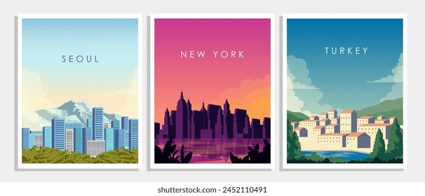 Vector illustration. Collection, set of posters, banners, cards, covers. Cities. South Korea, Seoul, USA, New York, Türkiye. Modern design. Tourism, travel.