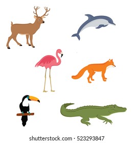 Vector illustration collection, set of wild animals. Deer, fox, crocodile, pink flamingo, dolphin and toucan. Zoo animals.