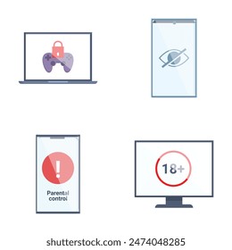 Vector illustration collection showing digital content restriction symbols on screens