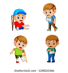vector illustration of collection of sick patients with broken arms and legs in gypsum plaster