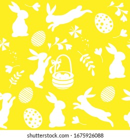 Vector illustration collection with silhouette of a white rabbits on a yellow background seamless pattern. Happy Easter concept