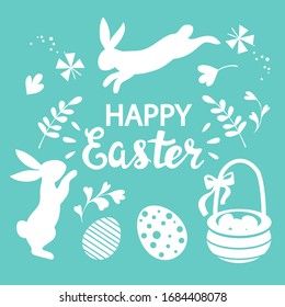 Vector illustration collection with silhouette of a white rabbits and the inscription happy easter on a blue background