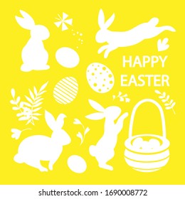 Vector illustration collection with silhouette of a white rabbits and the inscription happy easter on a yellow background