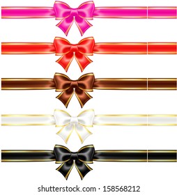 Vector illustration - collection of silk bows in warm colors with golden edging and ribbons.  Created with gradient mesh.