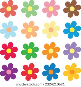 Ilustración vectorial de la colección de flores simples de diferentes colores.
