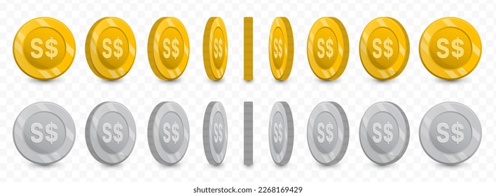 Vector illustration of a collection of Singapore Dollar currency coins in gold colors and grayscale isolated on transparent background (PNG).