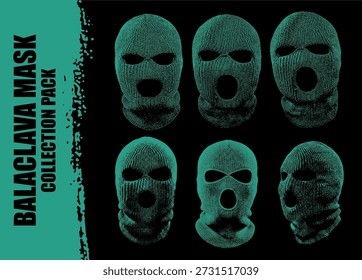 Ilustración vectorial de una colección de seis máscaras de pasamontañas de punto verde azulado sobre negro.