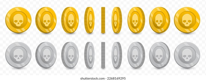 Ilustración vectorial de una colección de monedas en monedas Skull en oro y escala de grises aisladas en fondo transparente (PNG).