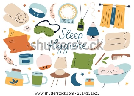 Vector illustration collection of sleep hygiene essentials, set of pillow, sleeping mask, lamp. Flat cartoon style, relaxation, comfort, and wellness concepts. Health and rest icons