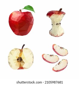 Vector illustration collection of sliced ​​apple, half apple, bitten apple in low poly style.