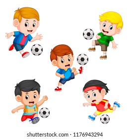 vector illustration of collection of soccer children player with the different posing