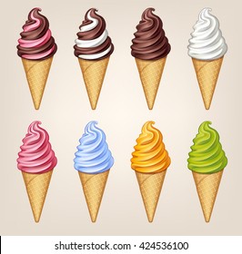 Vector Illustration Collection Of Soft Ice Cream In Waffle Cone On Light Background