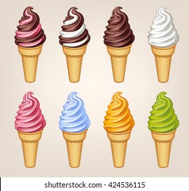 vector illustration collection of soft ice cream in waffle cone on light background