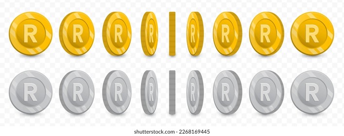 Vector illustration of a collection of South African Rands currency coins in gold colors and grayscale isolated on transparent background (PNG).