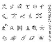 Vector illustration collection of space technology and satellite line icons on a white background. Featuring thin outline symbols of orbital satellites, ground station antenna, telecommunication antennas, space shuttles, rockets, constellations, and astronomical elements for web, app, and infographic design.